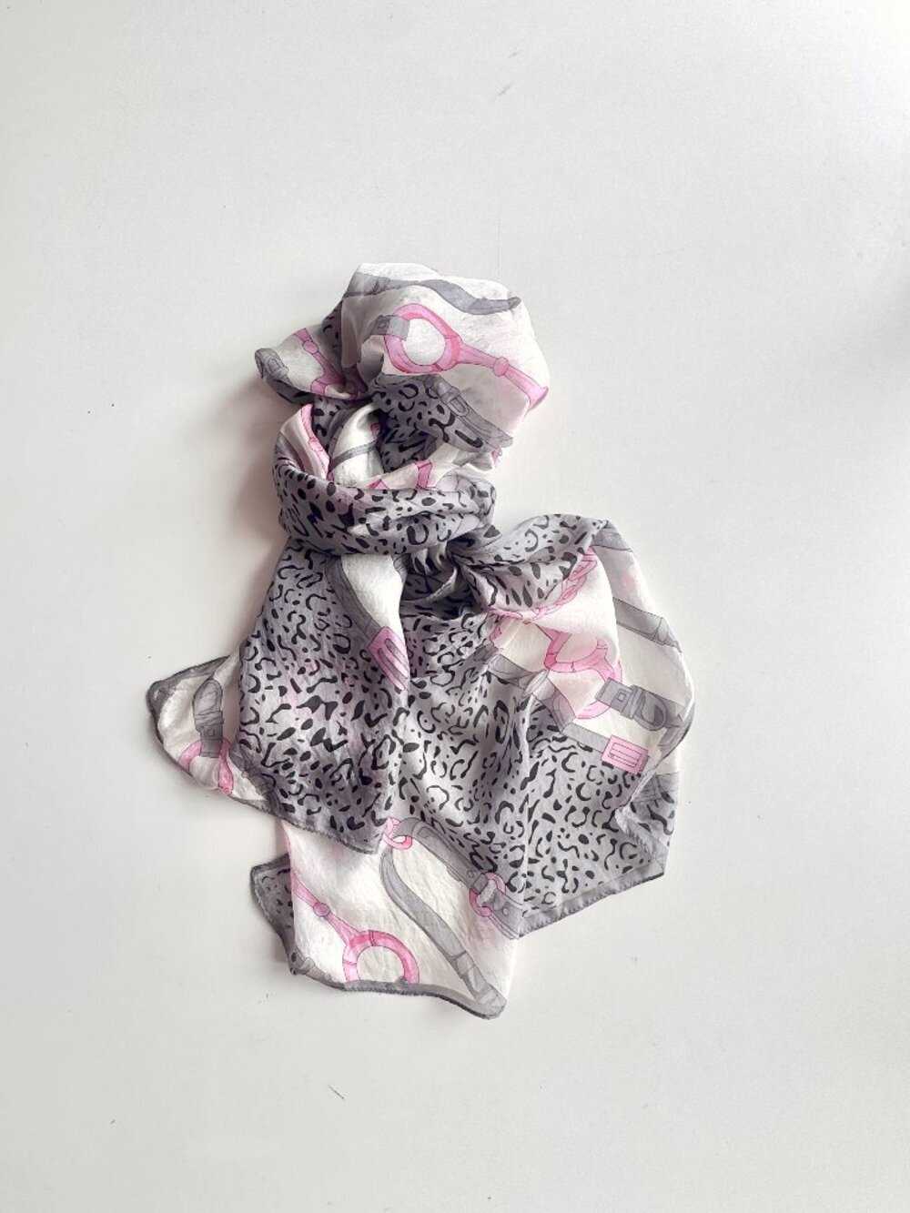 JESSICA Grey Pink Leopard Equestrian Silk Chiffon 68" x 19.5" Rectangle Scarf
